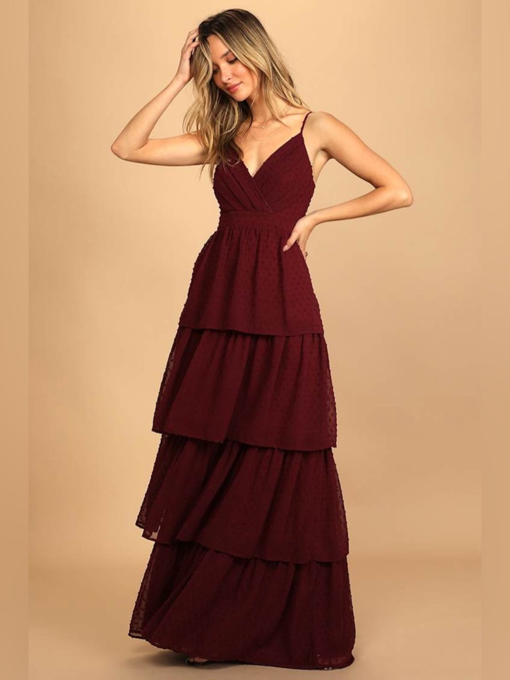 NEW Lulu’s Love Stays True Burgundy Swiss Dot Tiered Maxi Dress XL